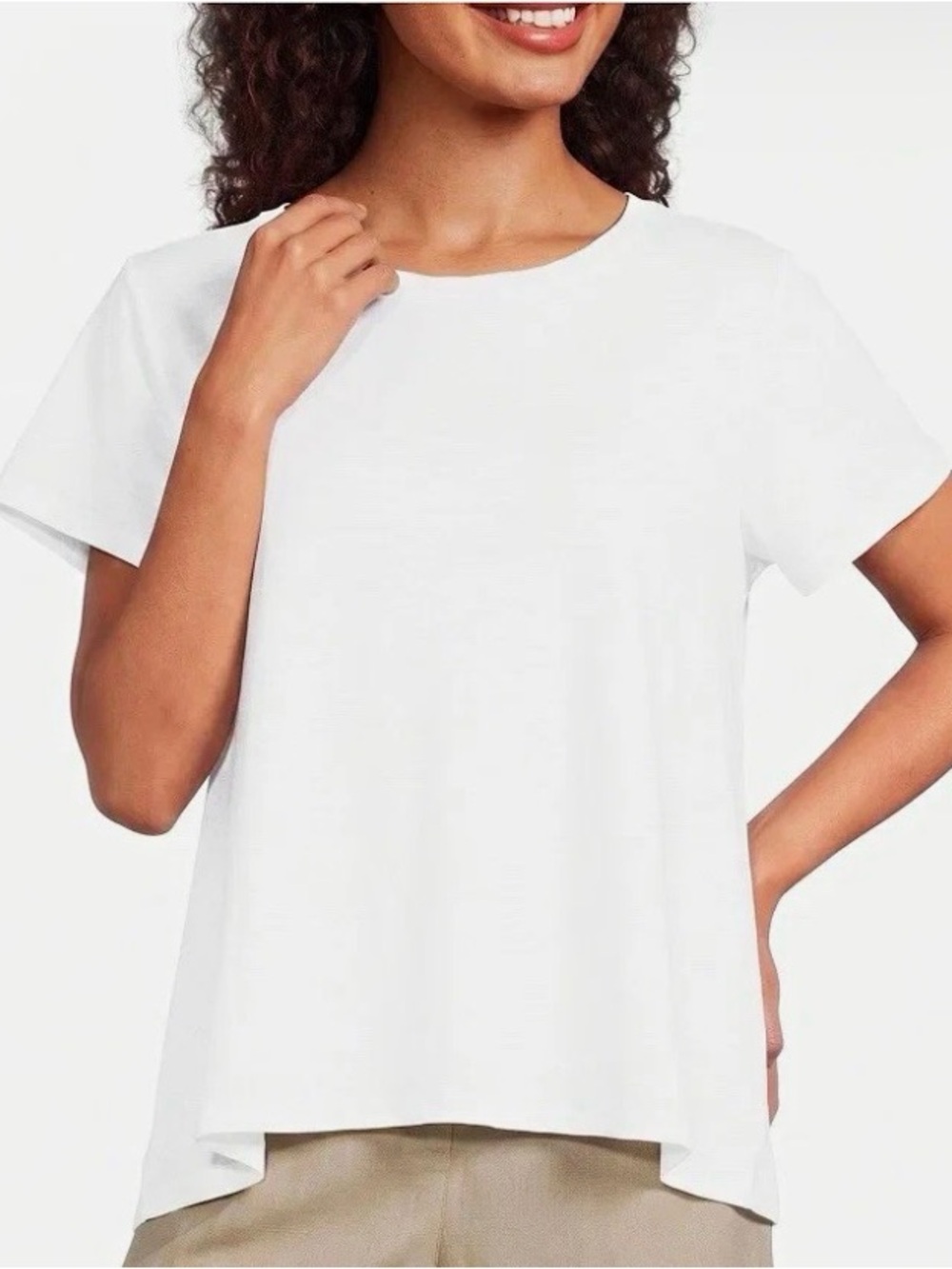 Eileen Fisher White Short-Sleeve Cotton Blouse - Relaxed Asymmetrical hem